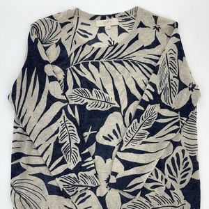 Ann Taylor Loft Sz L Tan Blue Floral Palm Leaf Italian Yarn 3/4 Sleeve Sweater